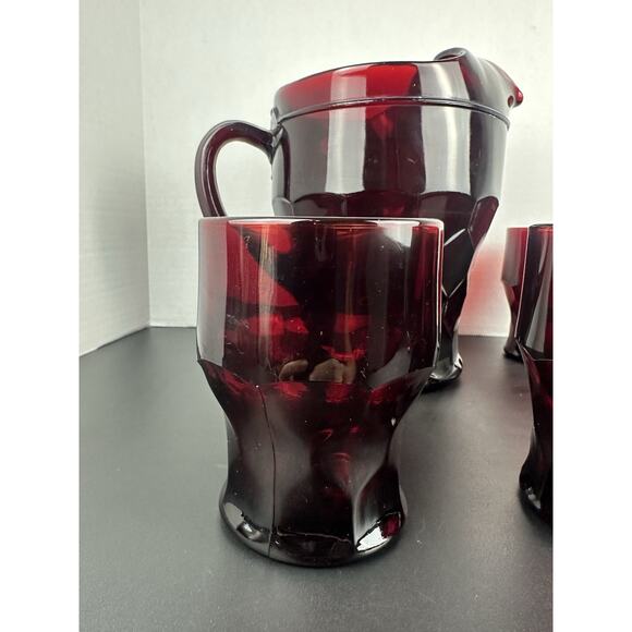 Vintage Ruby Red Georgian Honeycomb Viking 4" Glass Pitcher And 4 Tumblers - Picture 2 of 9